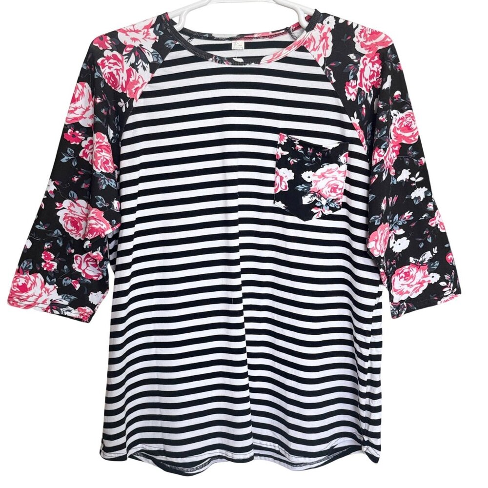 Striped & Floral Raglan Tee Womens XL Black White Pink Cotton Casual Pocket